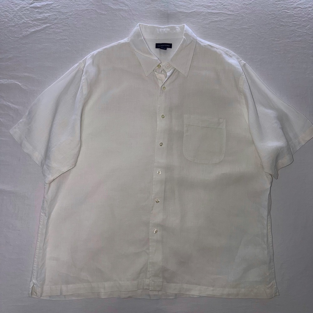 Lands End Mens XL 100% Linen Shirt White Short Sleeve Button Down Relaxed Fit